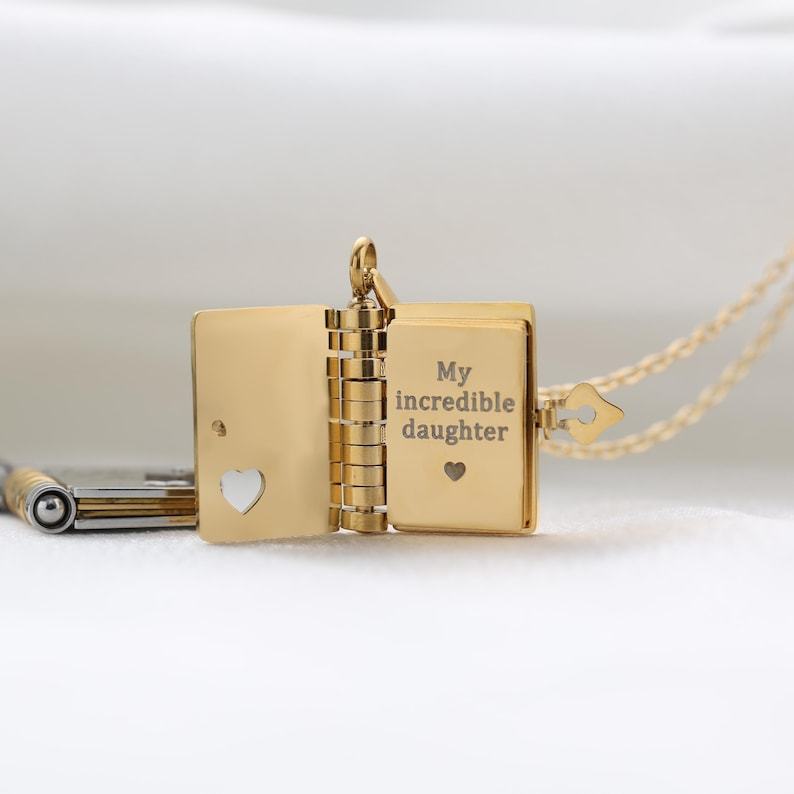 My Daughter Book Necklace – Custom Name Locket with Hand-Drawn Cover, Mini Message Pendant Gift of Love & Encouragement