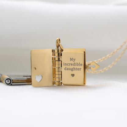 My Daughter Book Necklace – Custom Name Locket with Hand-Drawn Cover, Mini Message Pendant Gift of Love & Encouragement