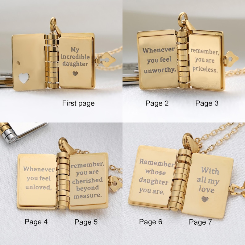 My Daughter Book Necklace – Custom Name Locket with Hand-Drawn Cover, Mini Message Pendant Gift of Love & Encouragement