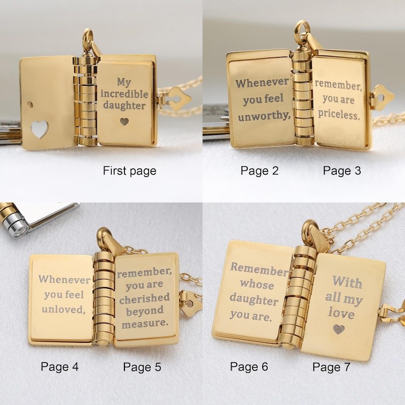 My Daughter Book Necklace – Custom Name Locket with Hand-Drawn Cover, Mini Message Pendant Gift of Love & Encouragement