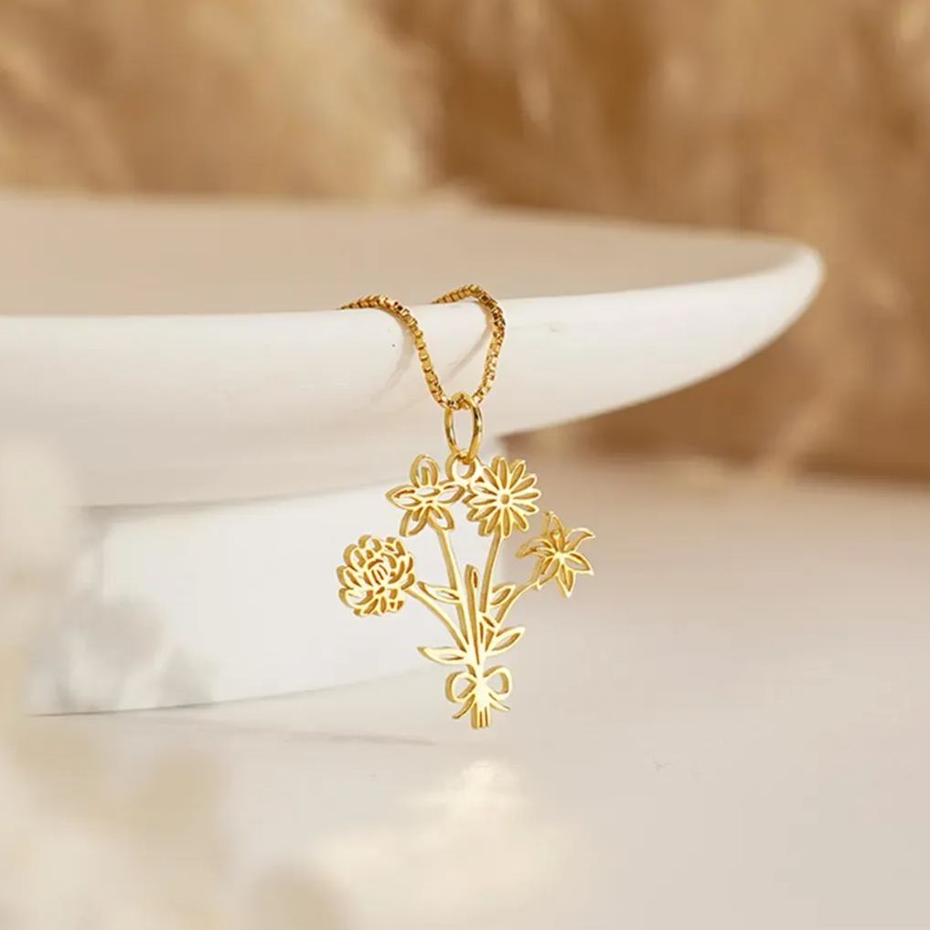 Family Birth flower Necklace, Multiple Birth Flower Bouquet Necklace, Personalized Birthday Gifts, Birth Month Flower Necklace, Gift for her