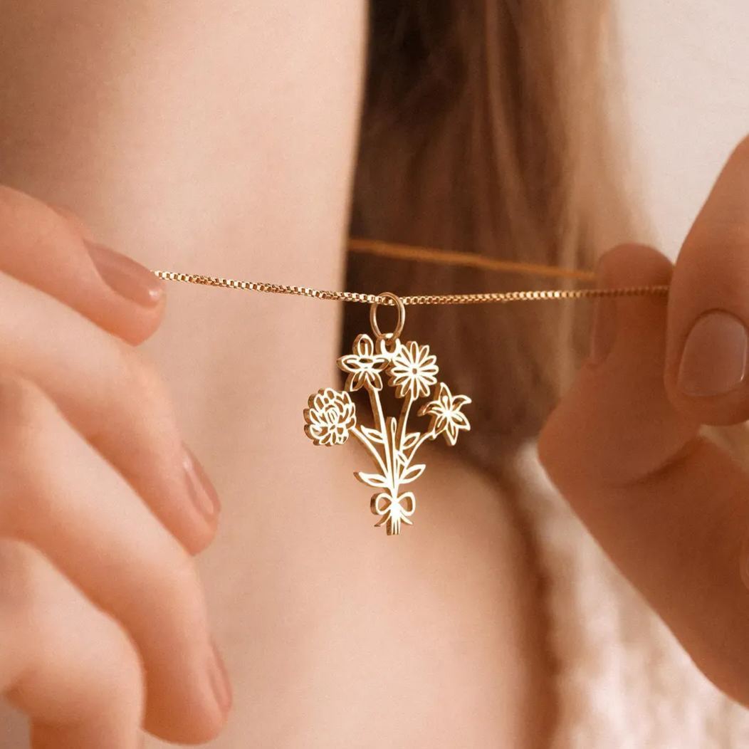 Family Birth flower Necklace, Multiple Birth Flower Bouquet Necklace, Personalized Birthday Gifts, Birth Month Flower Necklace, Gift for her