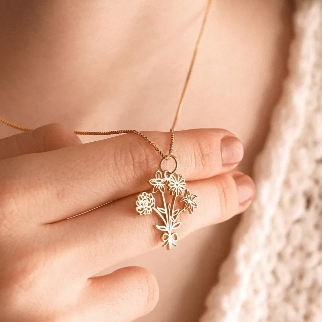 Family Birth flower Necklace, Multiple Birth Flower Bouquet Necklace, Personalized Birthday Gifts, Birth Month Flower Necklace, Gift for her