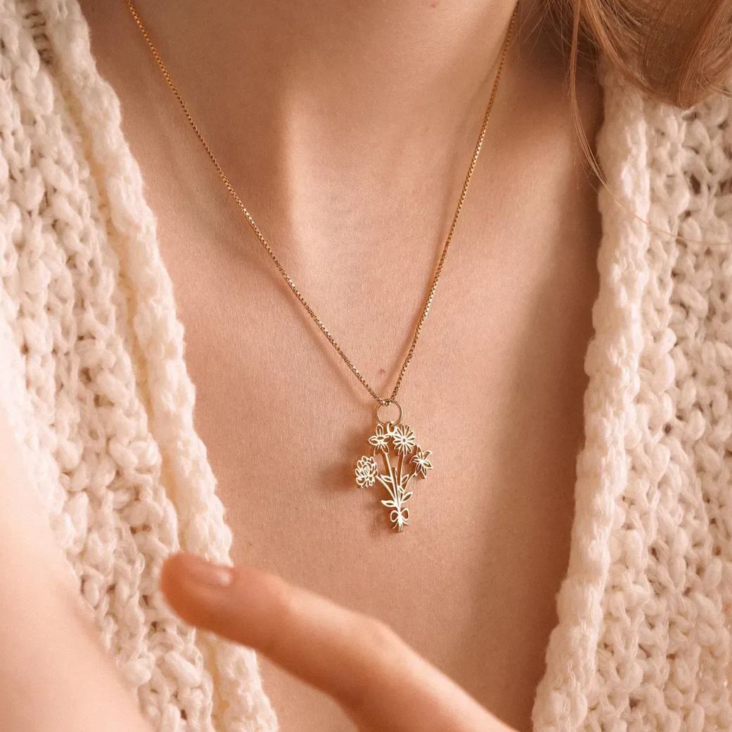 Family Birth flower Necklace, Multiple Birth Flower Bouquet Necklace, Personalized Birthday Gifts, Birth Month Flower Necklace, Gift for her