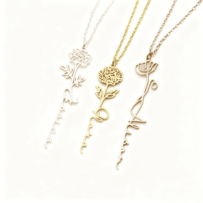 Personalized Name Necklace Birth Flower Custom Family Jewelry Mom's Gift