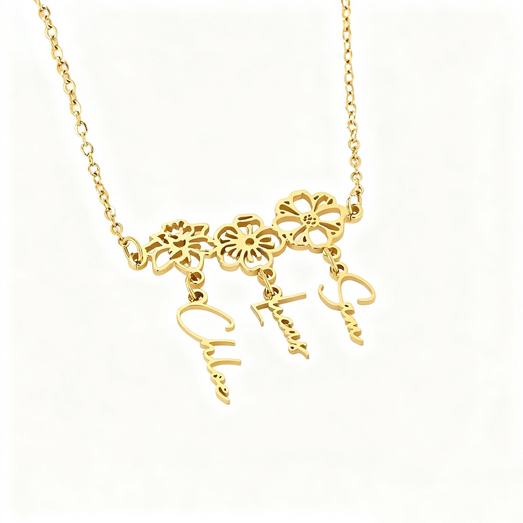 Custom Birth Flower Name Necklace