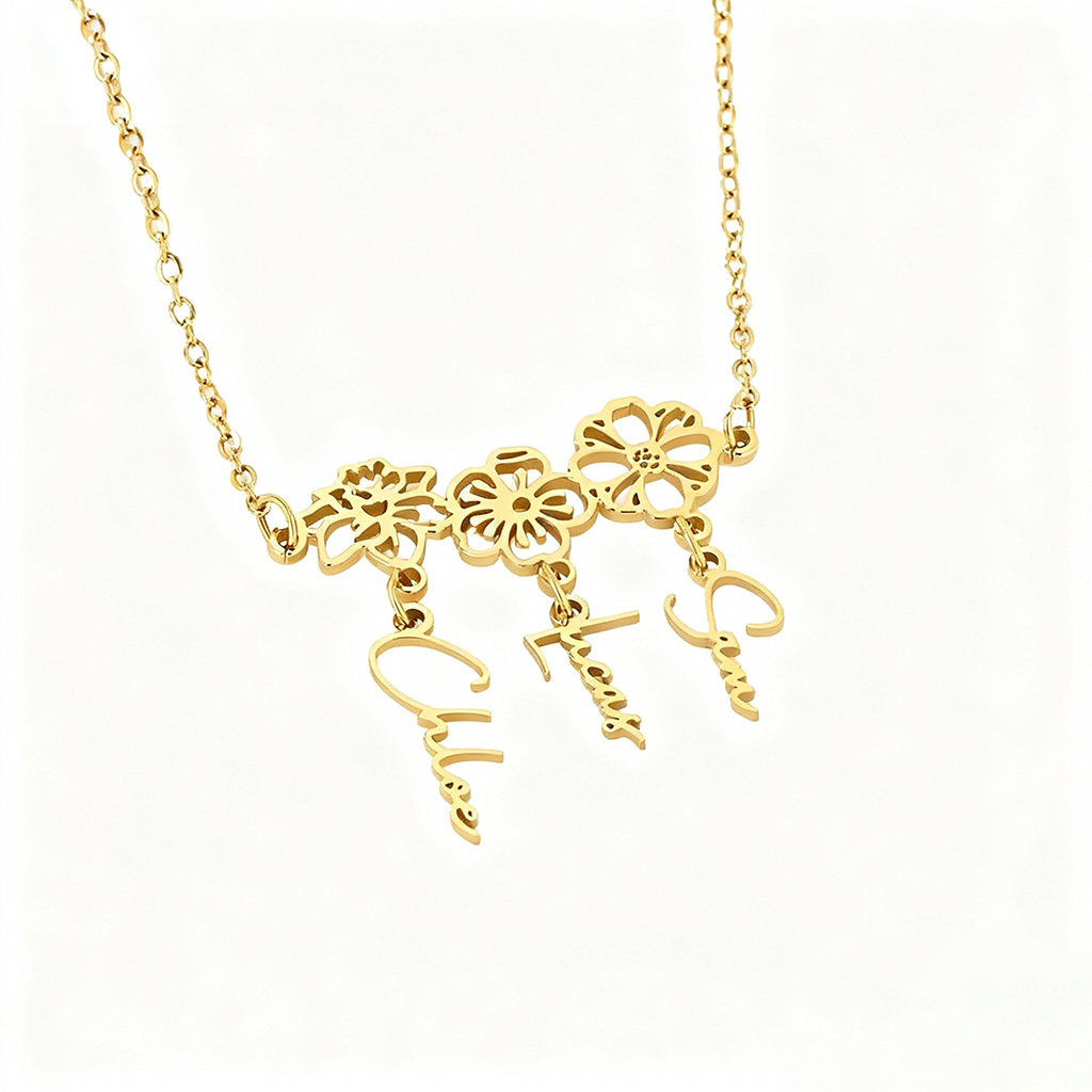 Custom Birth Flower Name Necklace