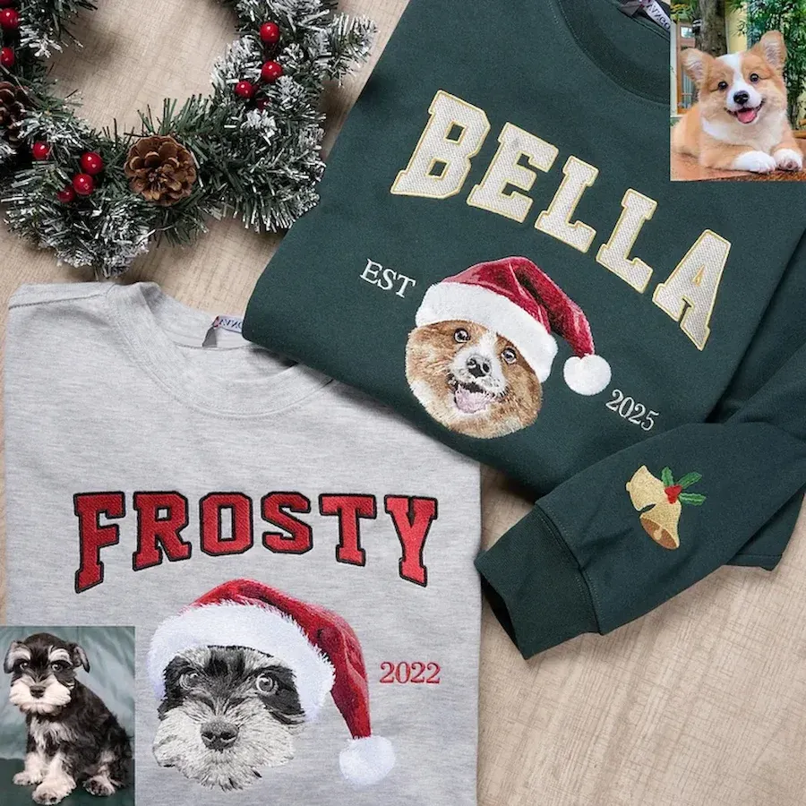 Customized Christmas Preppy-Style Embroidered Pet Portrait Sweatshirt, Hoodie, T-Shirt