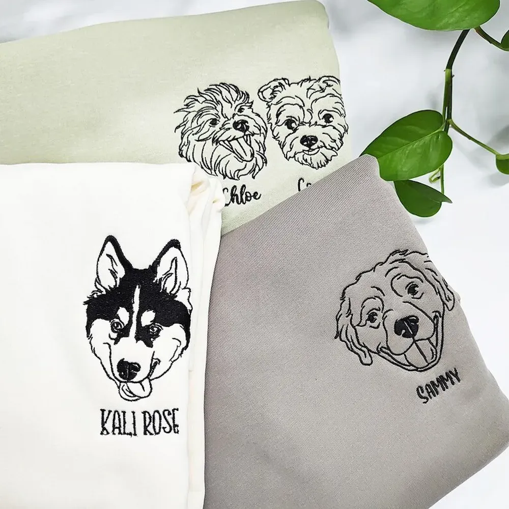 Custom Embroidered Dog Face Sweatshirt from Your Photo with Dog Names on Sleeve