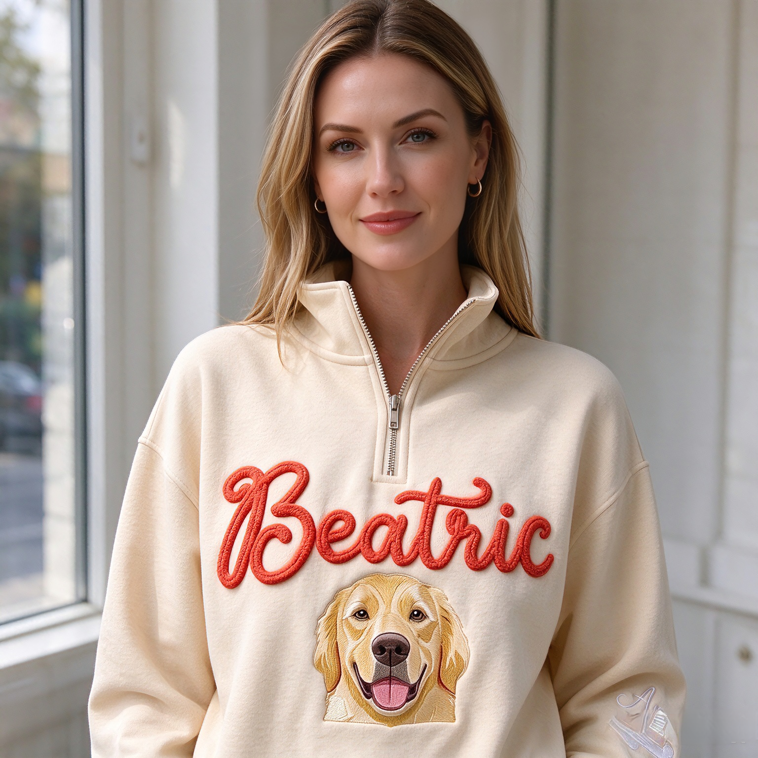 Custom Chenille Pet Portrait Quarter Zip Sweatshirt, Personalized Dog Face Embroidered Pullover, Pet Lover Gift, Dog Mom Hoodie