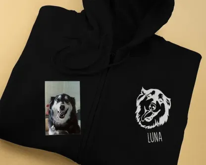 Custom Pet Portrait Embroidered Portrait Hooded Zip Up Hoodie