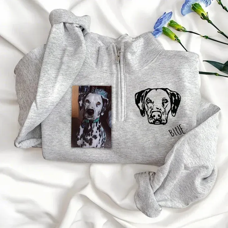 Custom Pet Portrait Embroidered  Pet Face Quarter Zip Sweatshirt