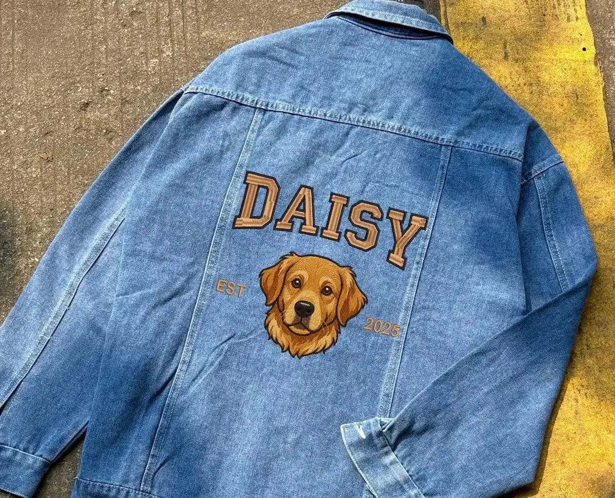 Custom Pet Portrait Embroidered Denim Jackets, Personalized Dog Or Cat Denim Jackets With Names