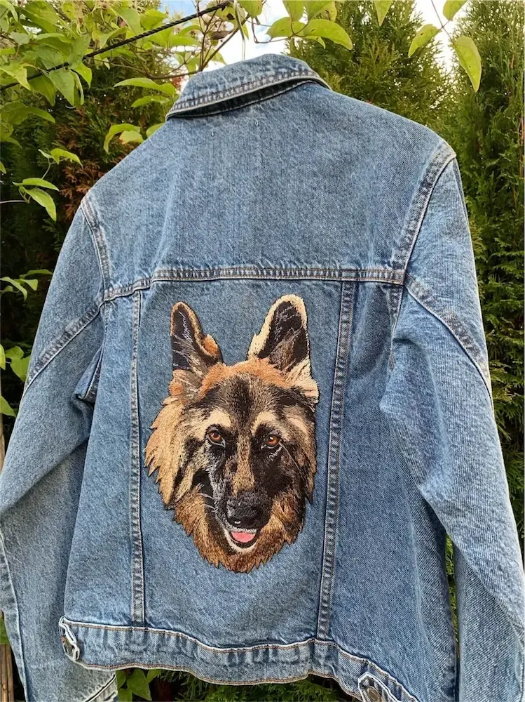 Denim Jacket With Custom Pet Portrait Embroidery On The Back