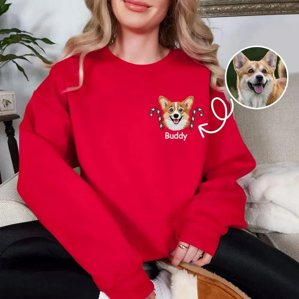 Custom Pet Portrait Christmas Hat Candy Wreath Embroidery Sweatshirt, Hoodie, T-Shirt