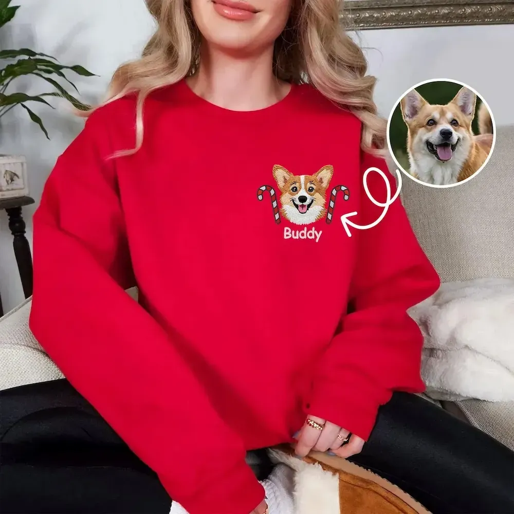 Custom Pet Portrait Christmas Hat Candy Wreath Embroidery Sweatshirt, Hoodie, T-Shirt