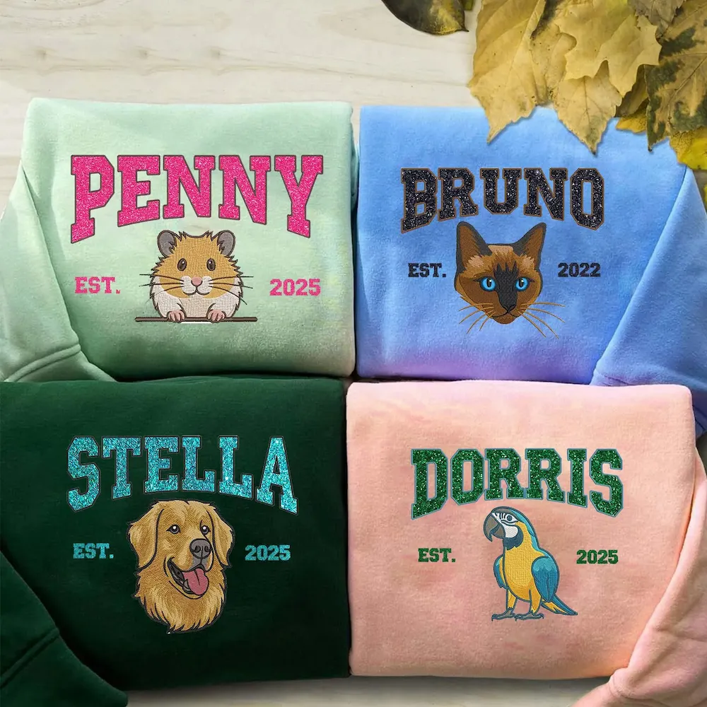 Glitter Custom Dog Face Embroidered Sweatshirt, Personalized Pet Crewneck Hoodie, Embroidered Cat Crewneck, Gift for Dog Mom 