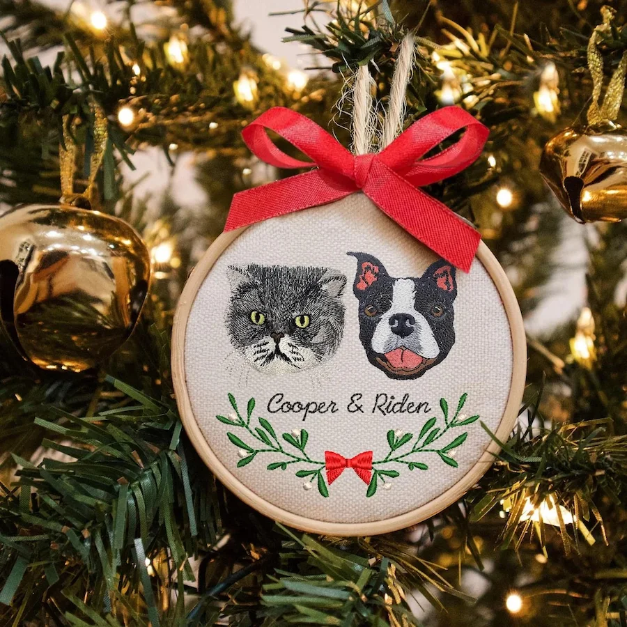 Personalized Embroidered Pet Portrait Ornament – Custom Pet Memorial Gift Christmas Tree Keepsake for Pet Lovers