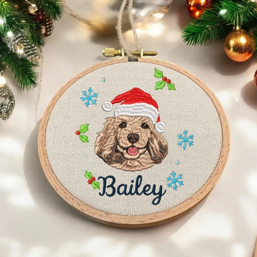Embroidered Pet Face Portrait Christmas Ornament with Santa Hat and Name Custom Christmas Gift For Dog Cat Owners