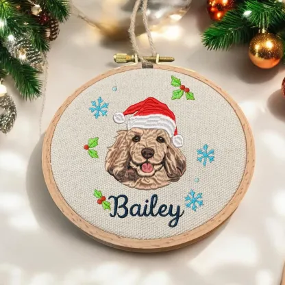 Embroidered Pet Face Portrait Christmas Ornament with Santa Hat and Name Custom Christmas Gift For Dog Cat Owners