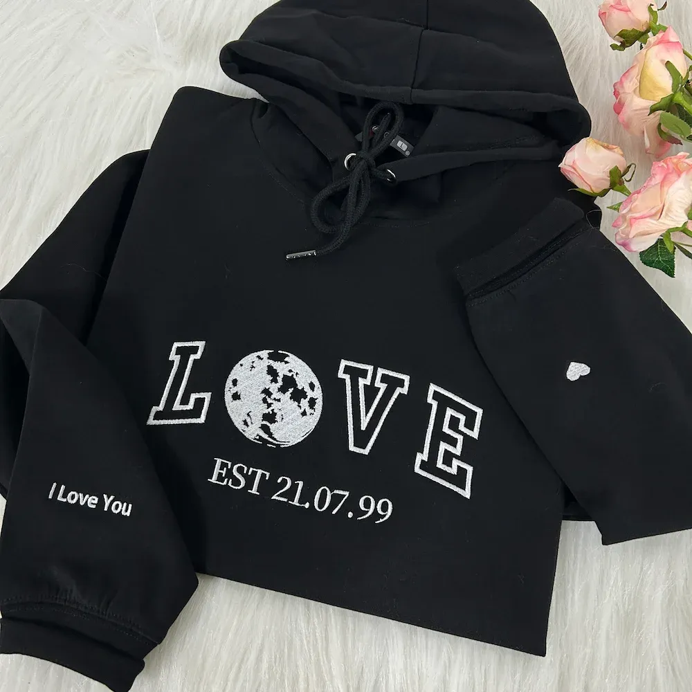 Custom "Two Hearts, One Moon" Anniversary/Birthday LOVE Embroidered EST Year Hoodie
