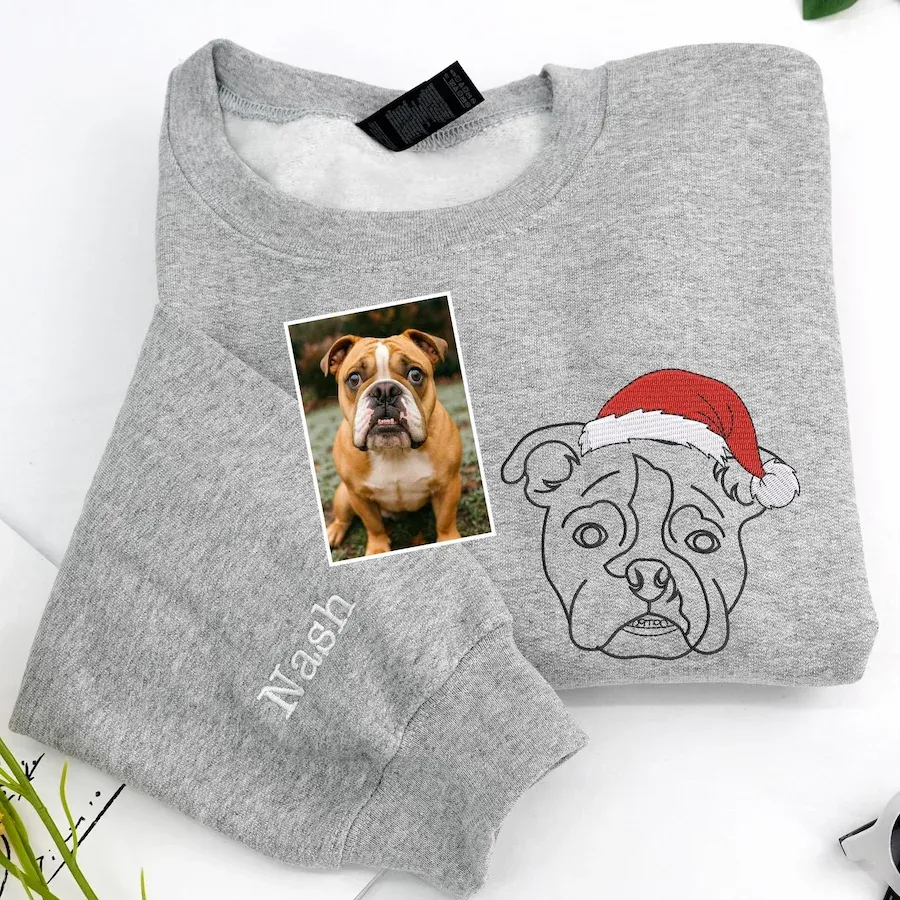 Custom Pet Photo Outline Embroidery Christmas Sweatshirt, Hoodie, T-Shirt