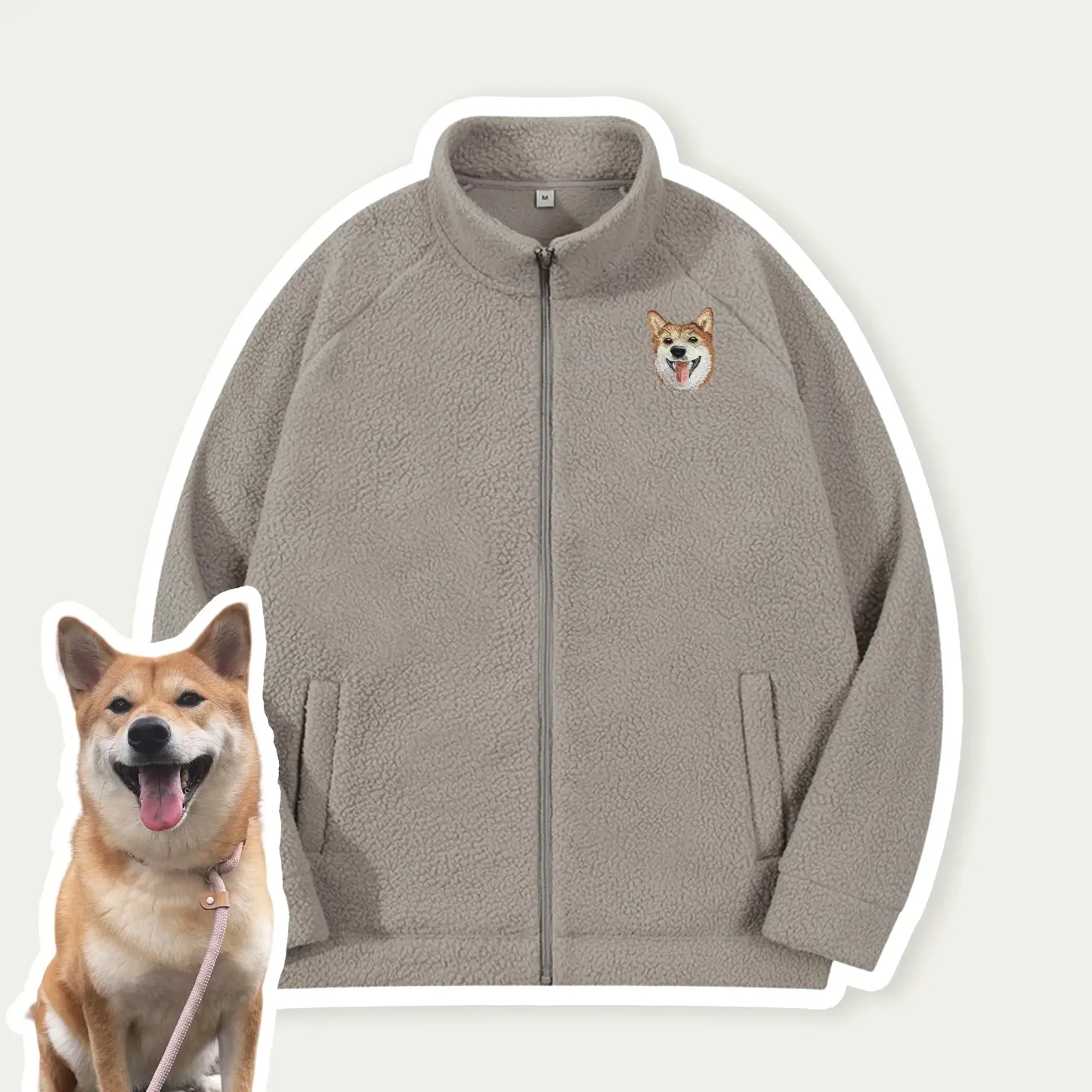 Custom Pet Embroidered Portrait Zip-up Sherpa Jacket