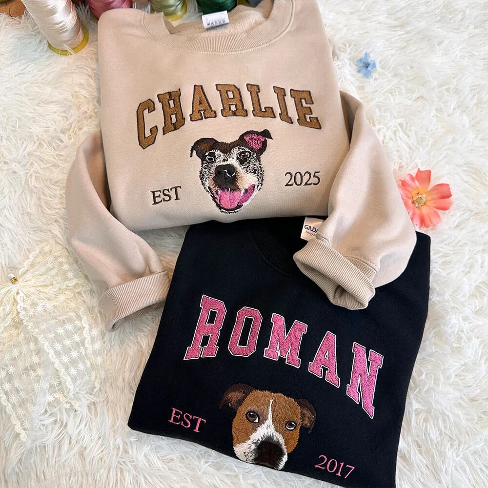 Personalized Embroidered Pet Face and Name Est T-shirt Keepsake Gift for Pet Lovers