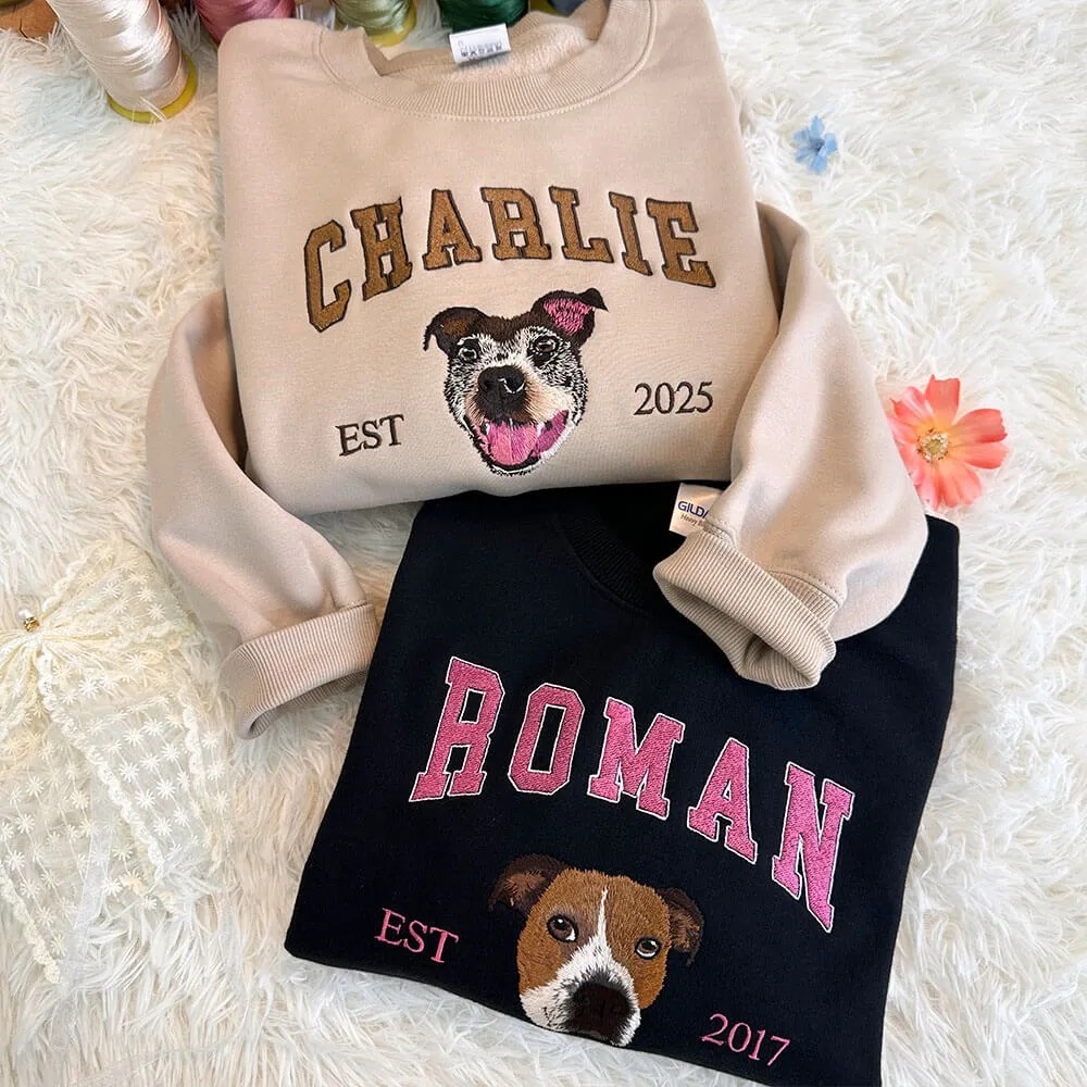 Personalized Embroidered Pet Face and Name Est T-shirt Keepsake Gift for Pet Lovers