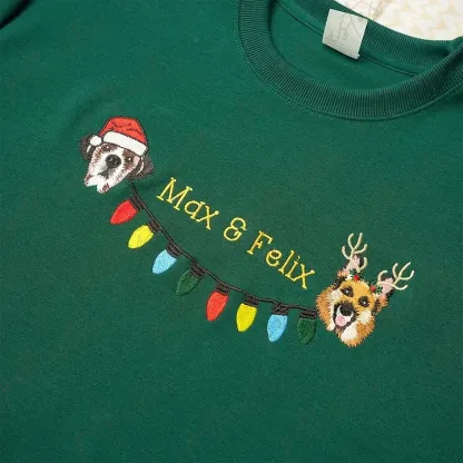 Custom 2 Pets Portrait and Christmas String Lights Embroidered Sweatshirt, Hoodie, T-shirt-forlovever