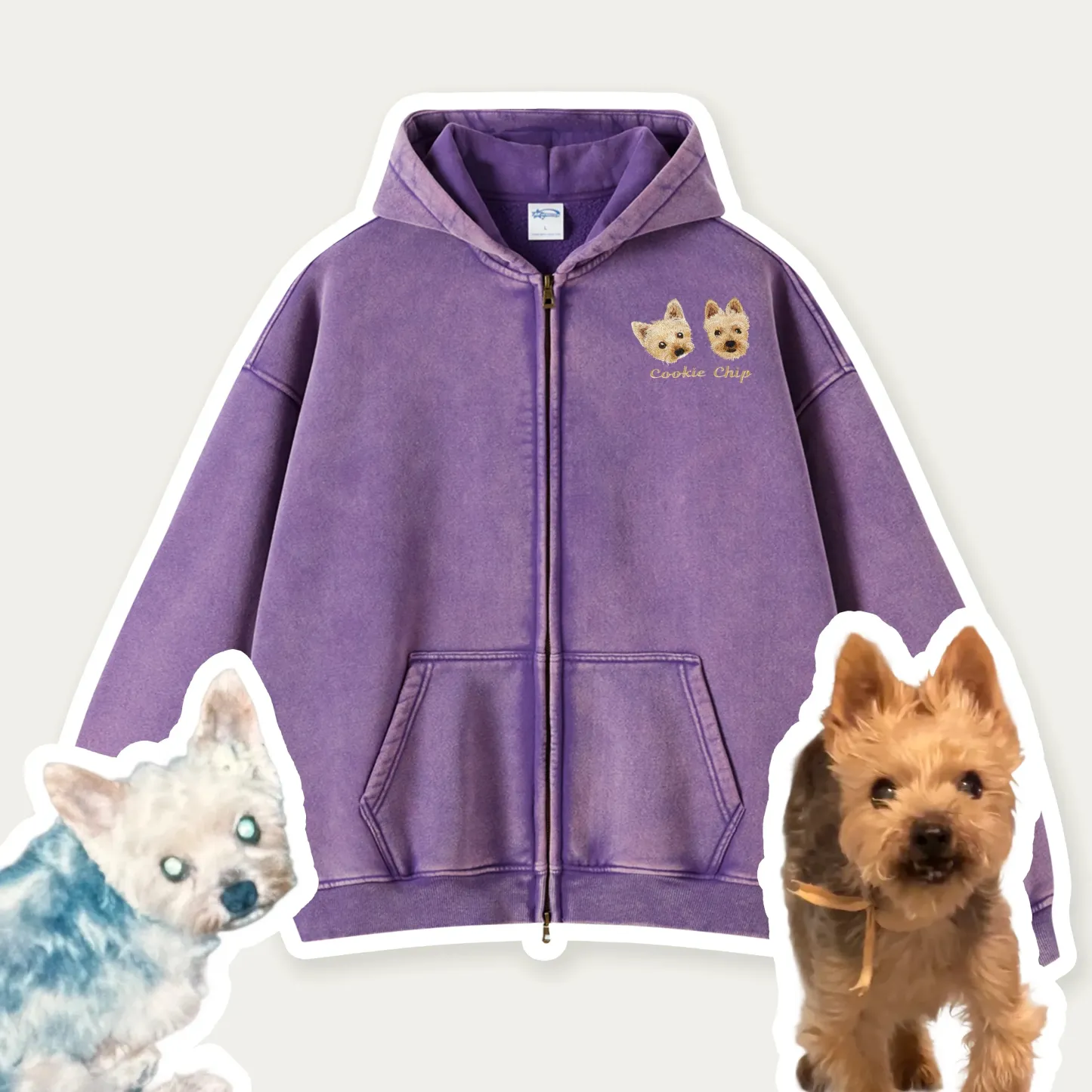 Custom Pet Embroidered Vintage Zip-Up Hoodie