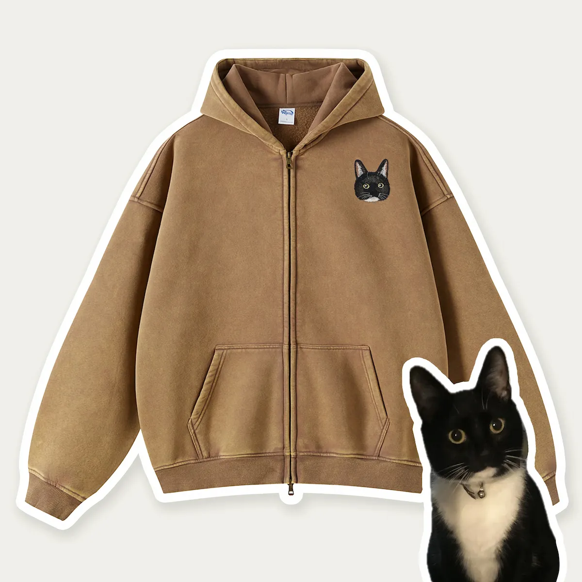 Custom Pet Embroidered Vintage Zip-Up Hoodie