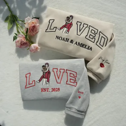 Personalized Embroidered Photo Couple LOVE & LOVED Sweatshirt/Hoodie/T-shirt Set