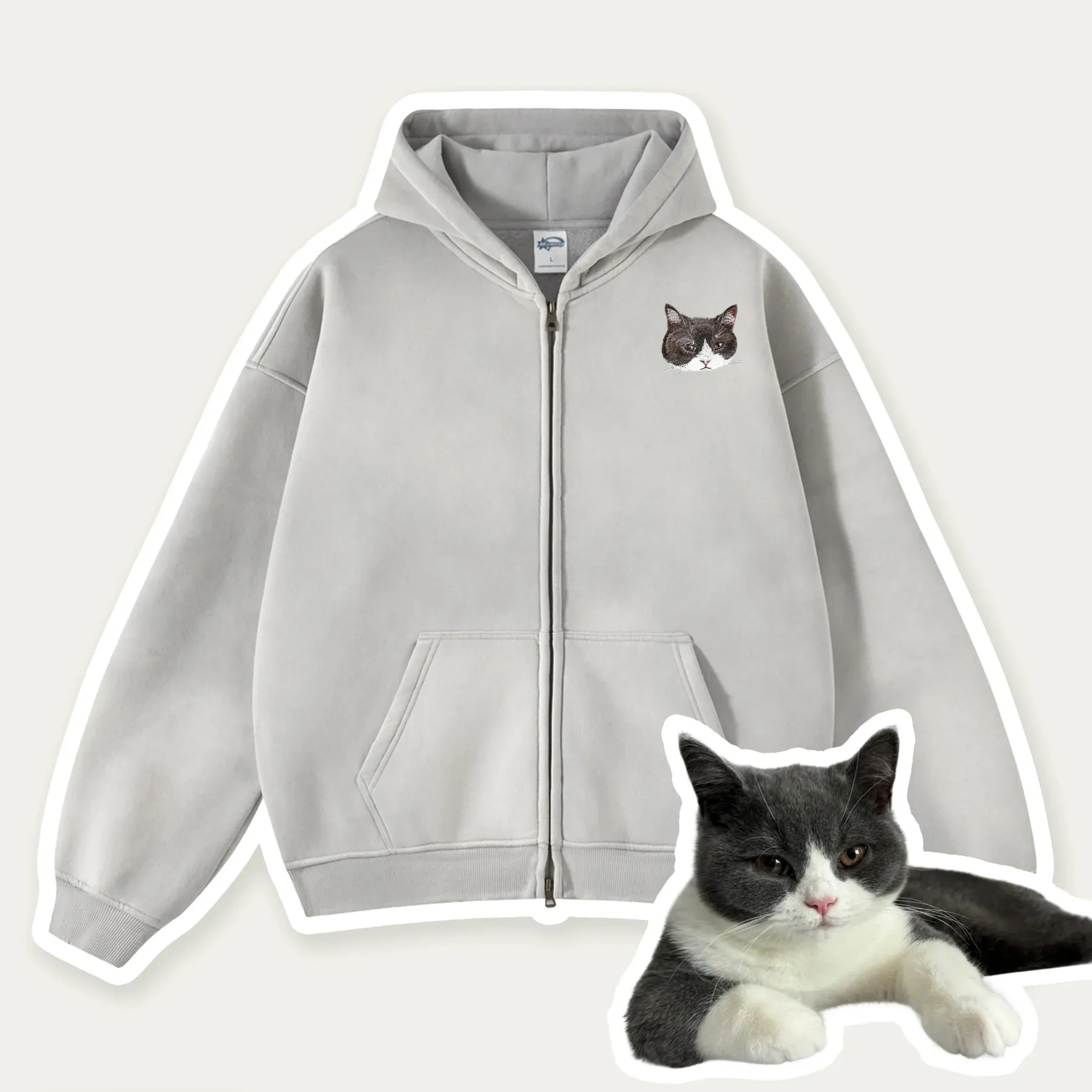 Custom Pet Embroidered Vintage Zip-Up Hoodie
