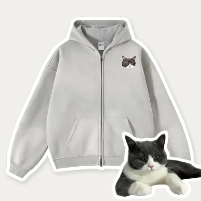 Custom Pet Embroidered Vintage Zip-Up Hoodie