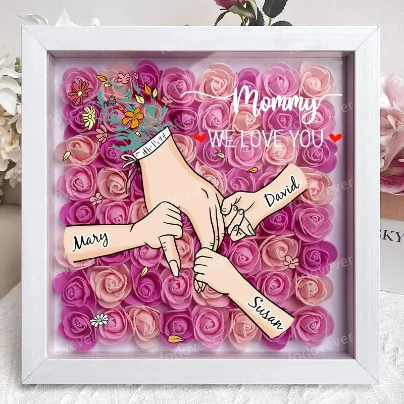 Personalized Flower Shadow Box With Led Light (Rainbow Light) - Family Love Blooms Forever