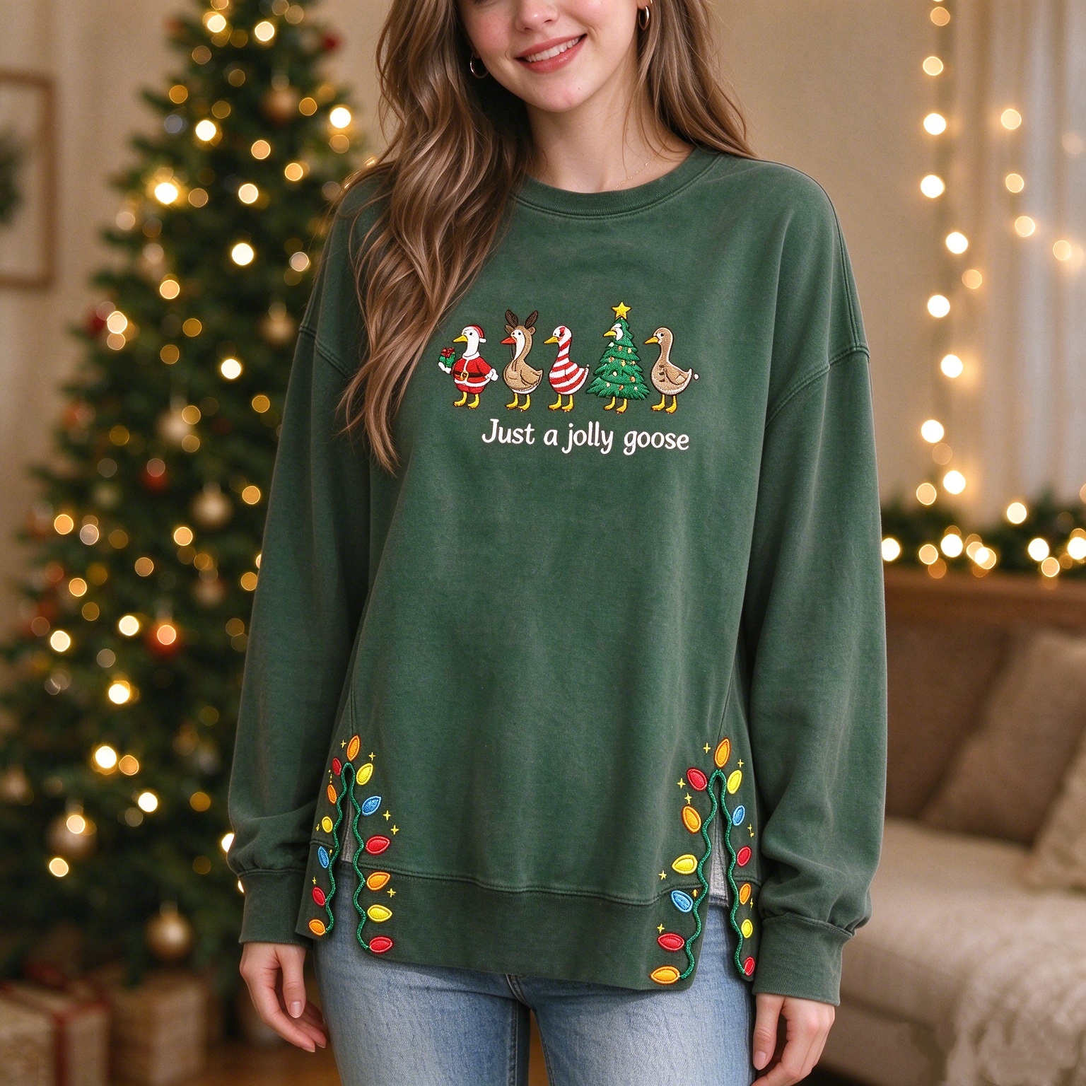 Just A JOLLY Embroidered Goose Crewneck,Christmas Gift For Family
