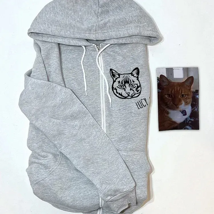 Custom Pet Portrait Embroidered Portrait Hooded Zip Up Hoodie