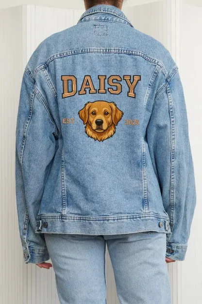 Custom Pet Portrait Embroidered Denim Jackets, Personalized Dog Or Cat Denim Jackets With Names
