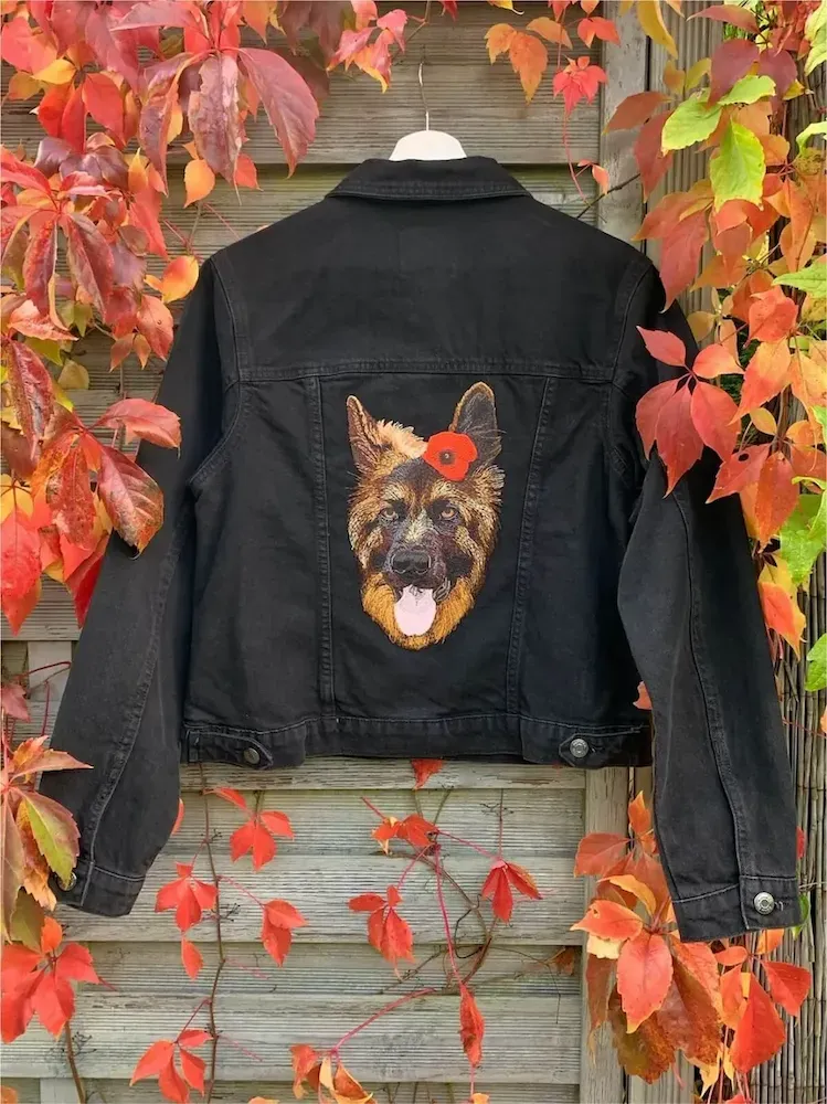 Denim Jacket With Custom Pet Portrait Embroidery On The Back