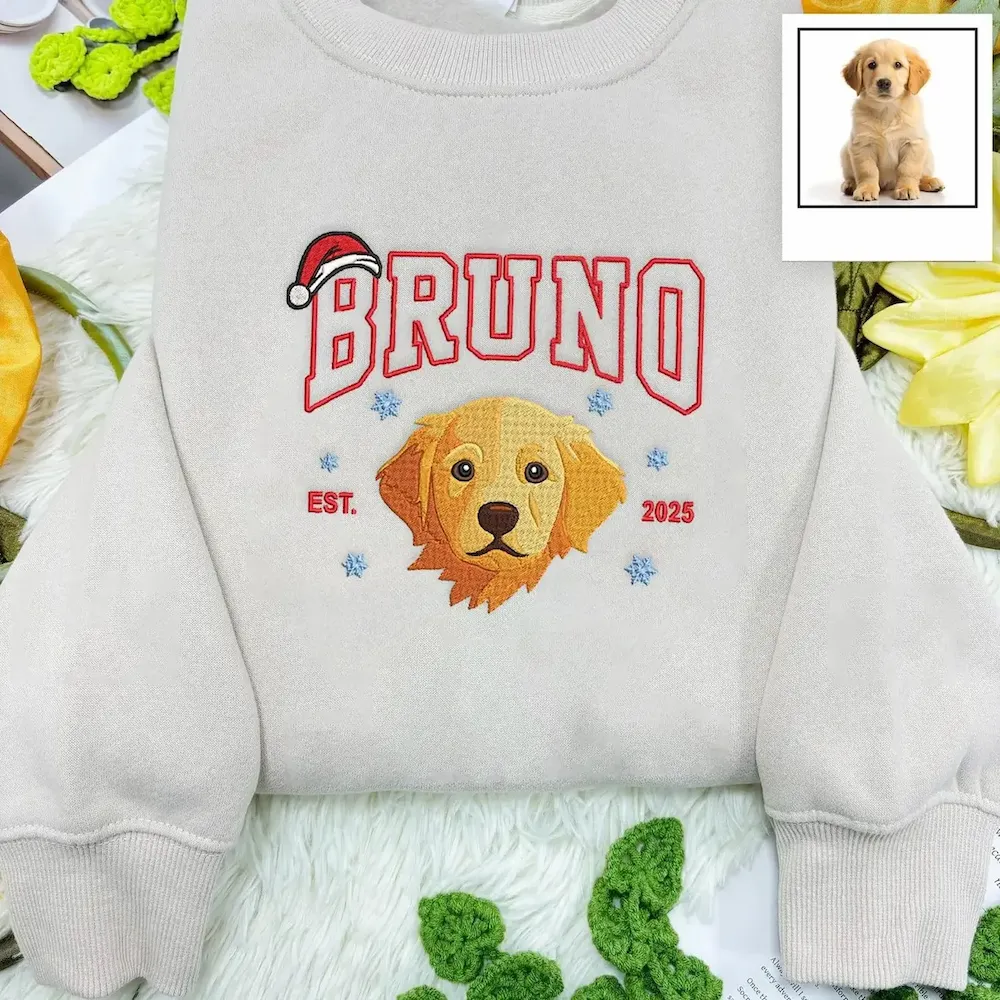 Personalized Pet Photo Christmas Embroidered Sweatshirts, Hoodies, T-Shirts
