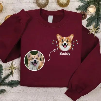 Custom Pet Portrait Christmas Hat Candy Wreath Embroidery Sweatshirt, Hoodie, T-Shirt