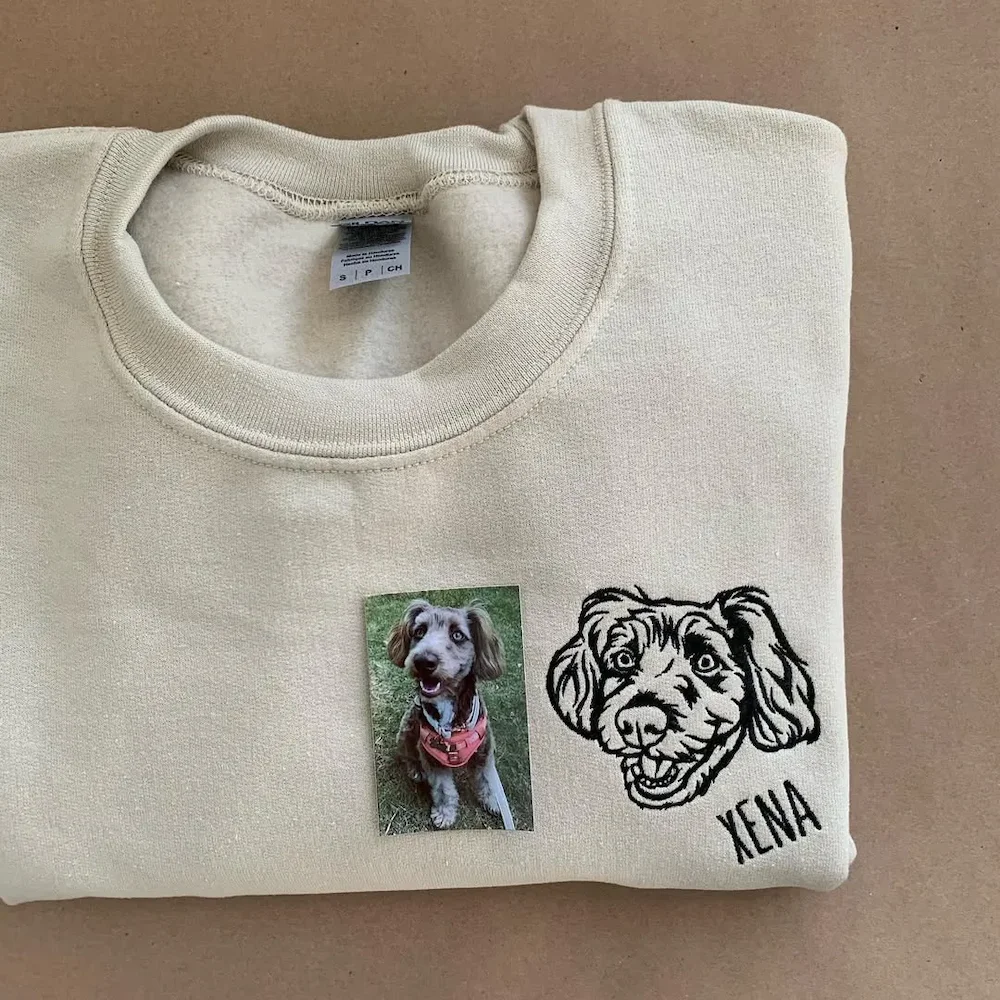 Custom Dog Dad Sweatshirt Embroidered Pet Face Name Portraits Photo on Sleeve