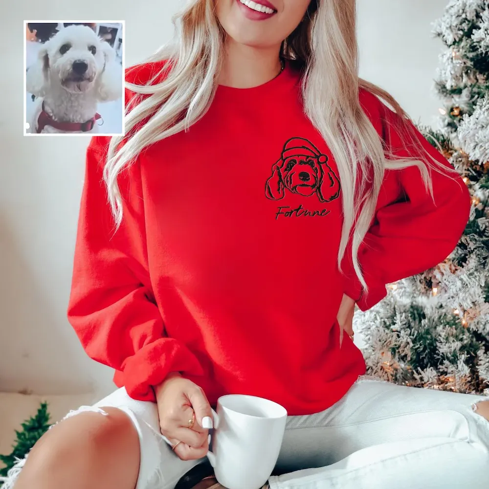 Custom Pet Christmas Hat Solid Color Outline Embroidery Sweatshirts, Hoodies, T-shirts