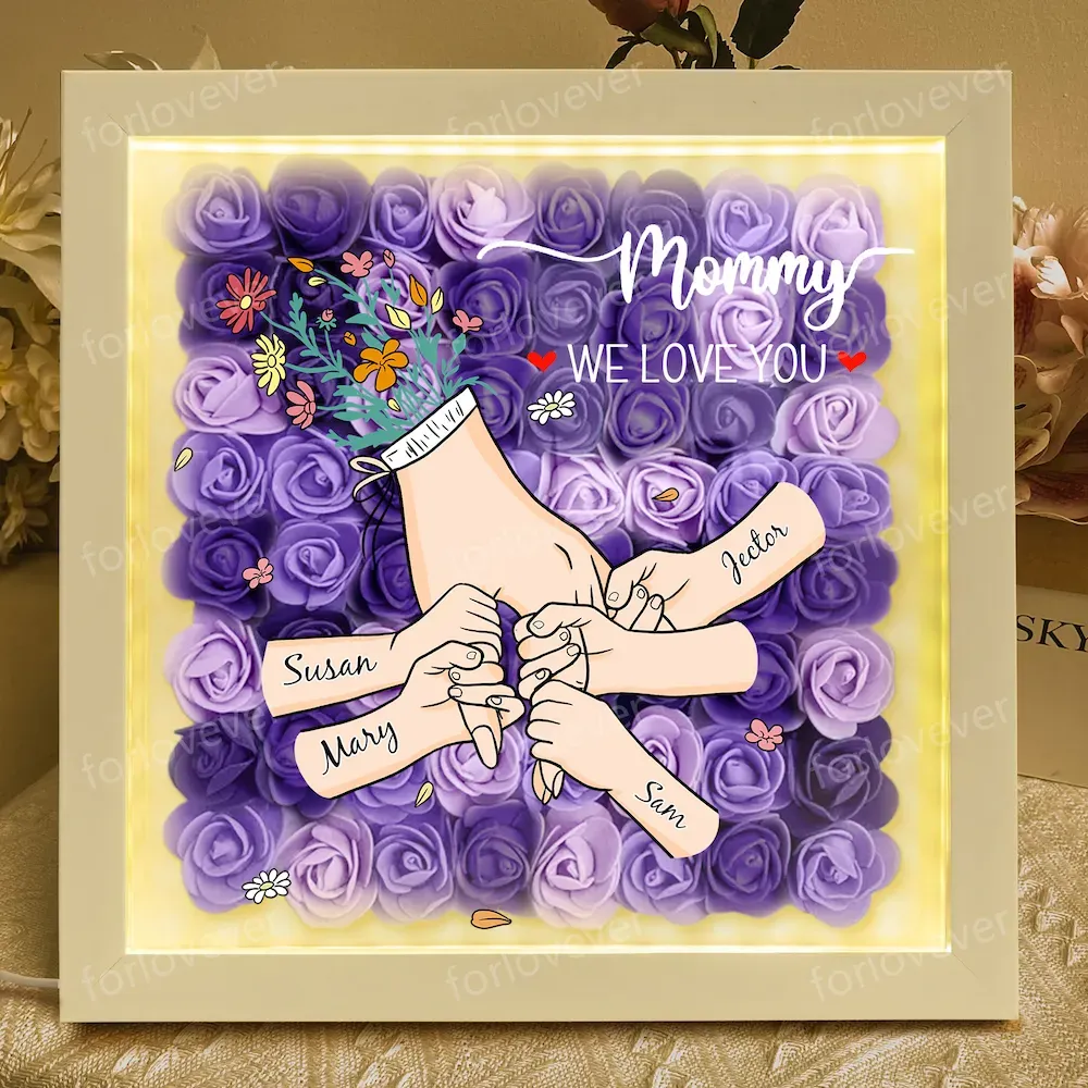 Personalized Flower Shadow Box With Led Light (Rainbow Light) - Family Love Blooms Forever