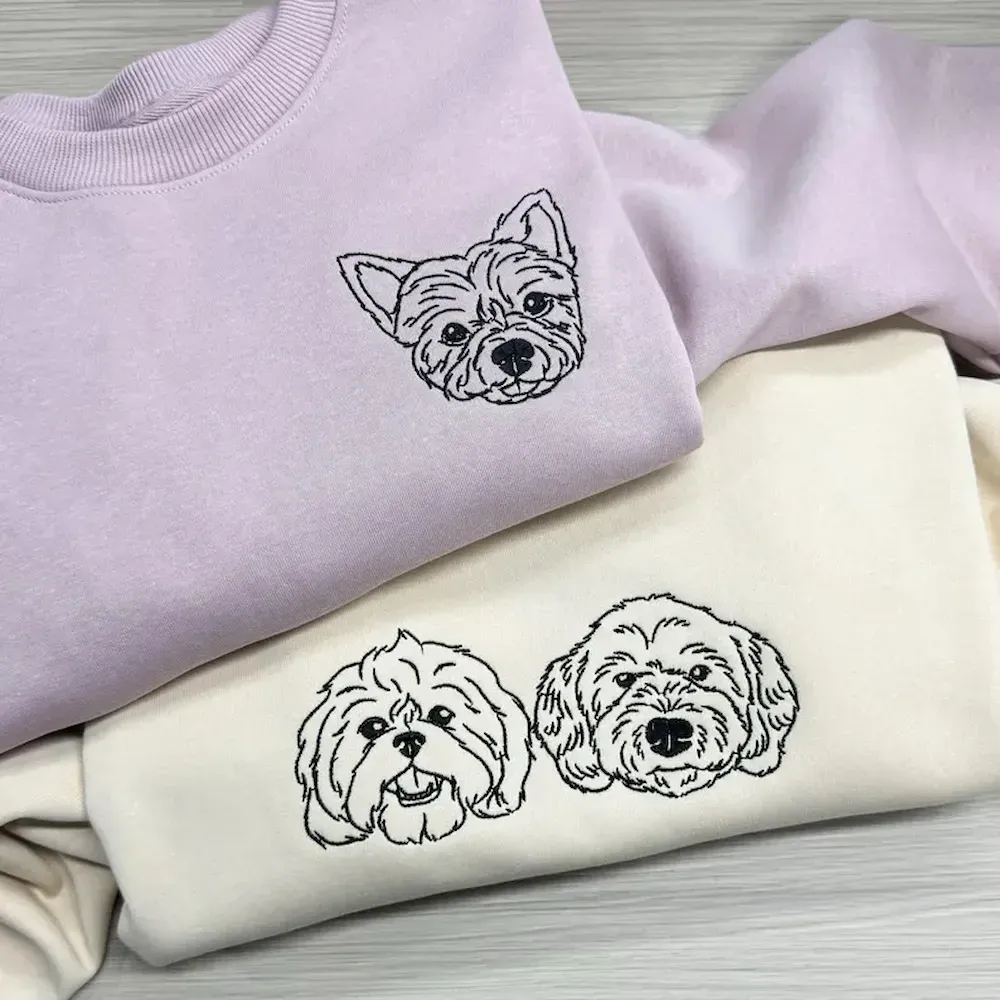 Custom Embroidered Dog Face Sweatshirt from Your Photo with Dog Names on Sleeve