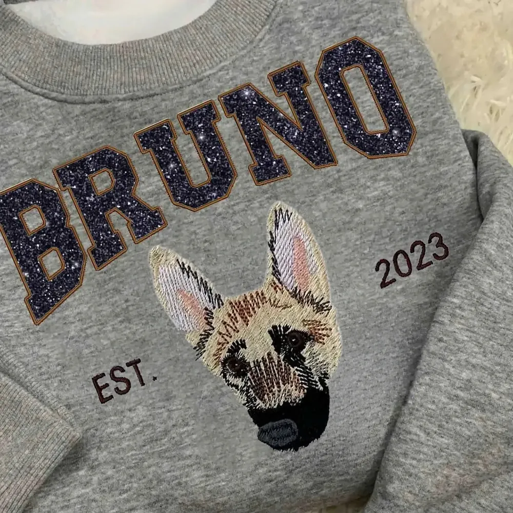 Glitter Custom Dog Face Embroidered Sweatshirt, Personalized Pet Crewneck Hoodie, Embroidered Cat Crewneck, Gift for Dog Mom 