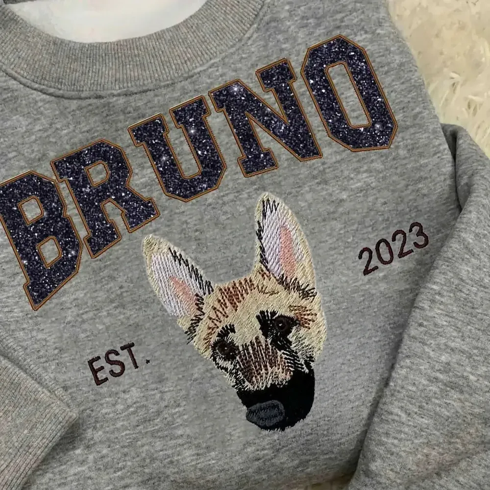 Glitter Custom Dog Face Embroidered Sweatshirt, Personalized Pet Crewneck Hoodie, Embroidered Cat Crewneck, Gift for Dog Mom 