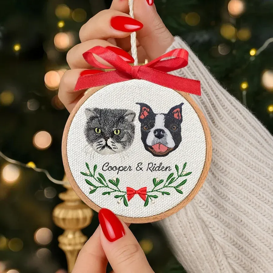 Personalized Embroidered Pet Portrait Ornament – Custom Pet Memorial Gift Christmas Tree Keepsake for Pet Lovers