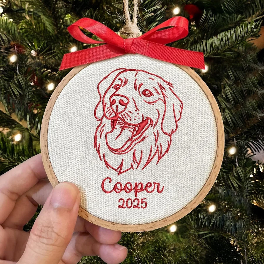 Custom Embroidered Dog Face Portrait Christmas Ornament Keepsake Gift For Dog Cat Owners Pet Lovers